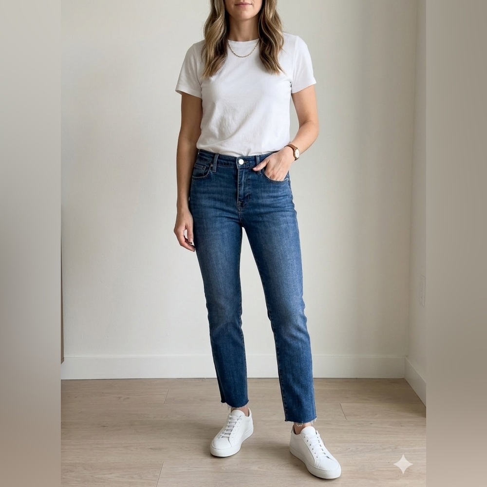 FRAME Le High Straight Leg Jeans - Size 27 - Medium Wash Raw Hem